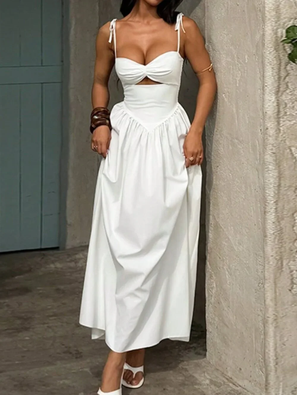 White Elegant Women's Strapless Waist Puff Sleeve Dress